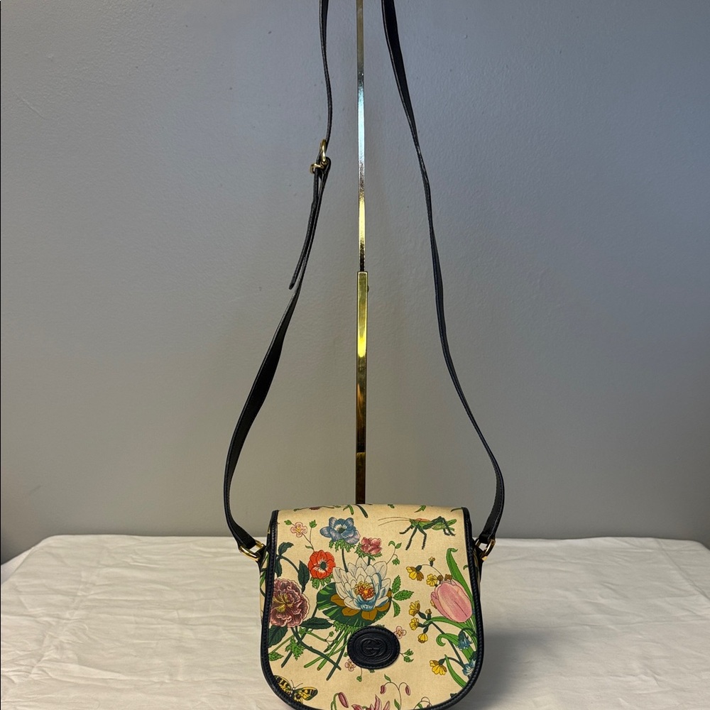 Gucci Vintage Flora Crossbody Bag | Black Leather Trim - Picture 1 of 10